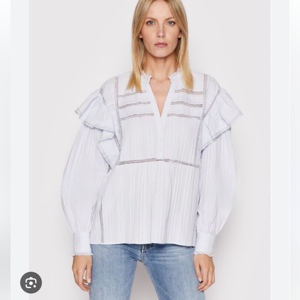 Twin Set Off White Open Eyelet Ruffle Trim Longsleeved Blouse